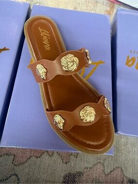 Liliana Brown Slide Sandals with Gold Medallions NWT